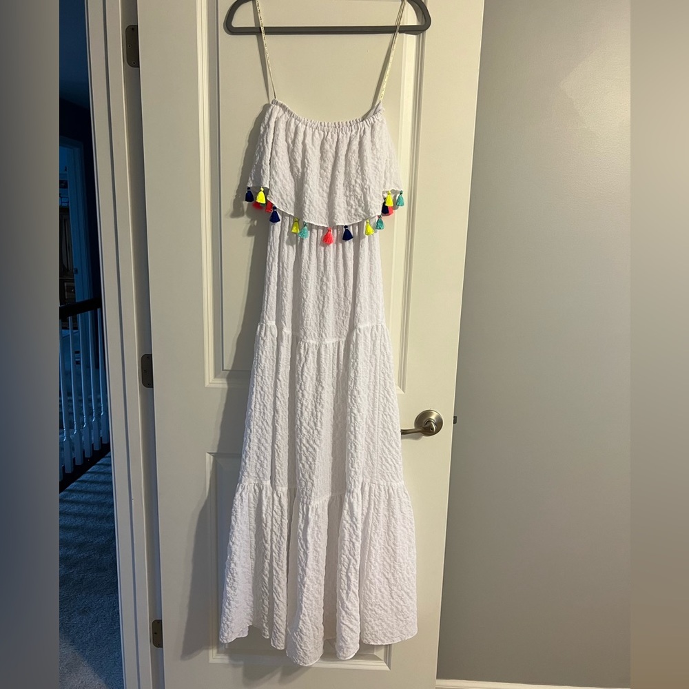 White Lilly Pulitzer, strapless, maxi dress with colorful tassels